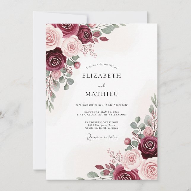 Burgundy Stately Botanical Wedding Invitation (Front)
