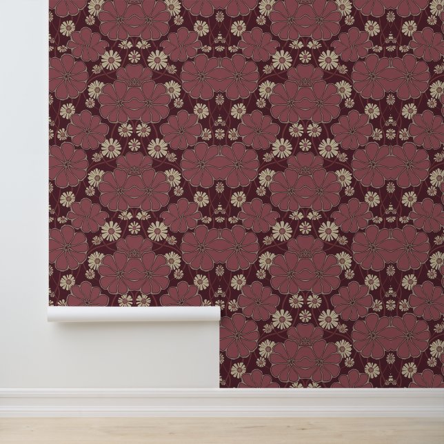 Burgundy Stretched Floral Wallpaper (Application)