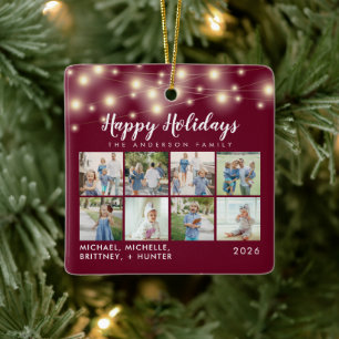 Burgundy String Lights 8 Photo Holiday Ceramic Ornament
