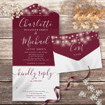Burgundy String Lights Elegant Script Wedding All In One Invitation<br><div class="desc">All in one wedding invitation featuring pretty string lights,  elegant signature script name and monogram initials on a burgundy red background. The invitation includes a perforated RSVP card that can be individually addressed or left blank for you to handwrite your guest's address details. Designed by Thisisnotme©</div>