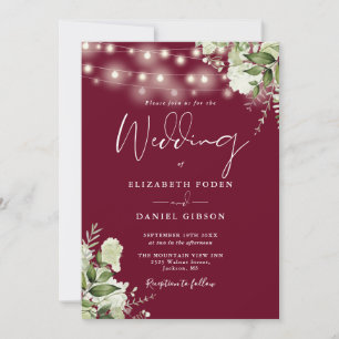 Burgundy String Lights Floral Monogram Wedding Invitation