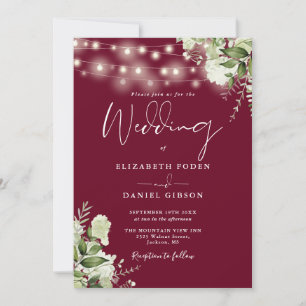 Burgundy String Lights Floral QR Code Wedding Invitation