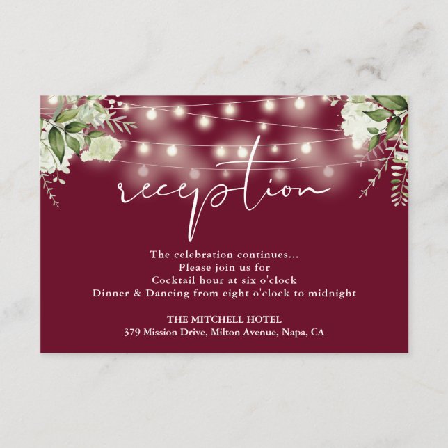 Burgundy String Lights Floral Wedding Reception Enclosure Card (Front)
