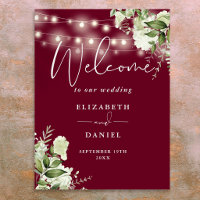 Burgundy String Lights Floral Wedding Welcome