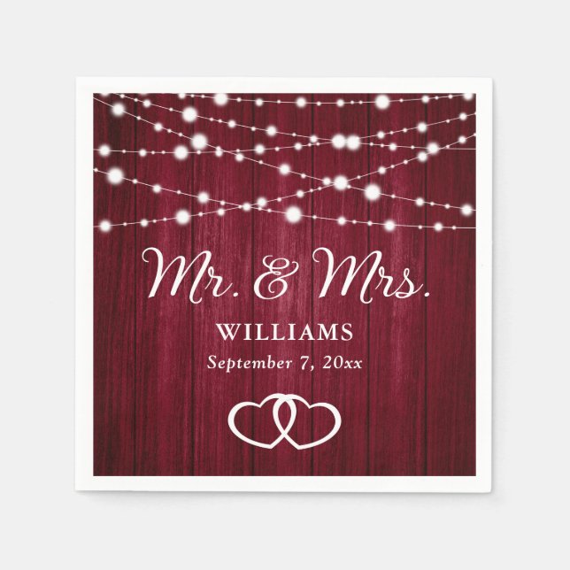 Burgundy String Lights Hearts Rustic Wood Wedding Napkin (Front)