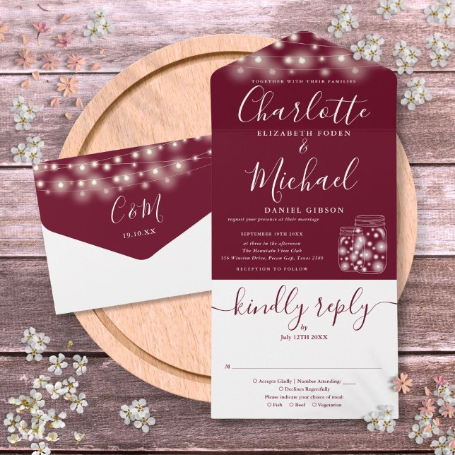 Burgundy String Lights Mason Jars Wedding All In One Invitation (Burgundy String Lights Mason Jars Wedding All In One Invitation)