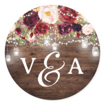 Burgundy String Lights Monogram Wedding Sticker