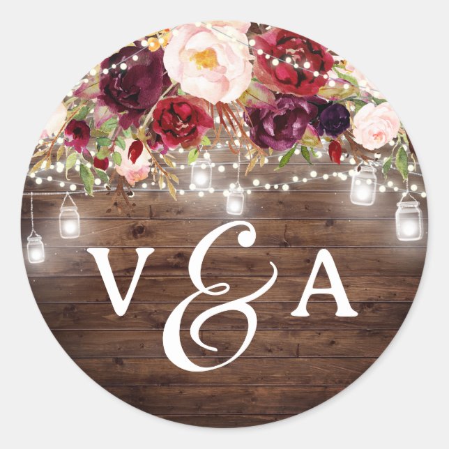 Burgundy String Lights Monogram Wedding Sticker (Front)