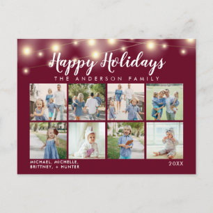Burgundy String Lights Photo Collage Holiday Postcard