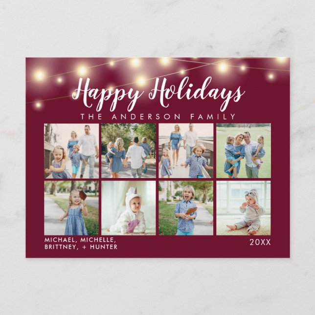 Burgundy String Lights Photo Collage Holiday Postcard (Front)