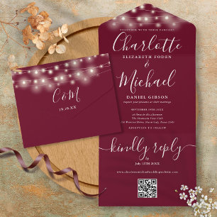 Burgundy String Lights QR Code Monogram Wedding  All In One Invitation