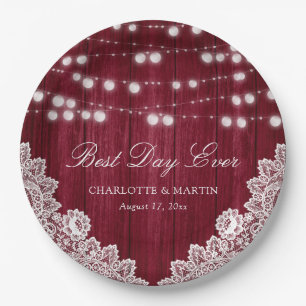 Burgundy String Lights Rustic Wood Lace Wedding Paper Plate