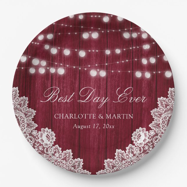 Burgundy String Lights Rustic Wood Lace Wedding Paper Plate (Front)