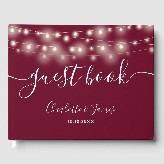Burgundy String Lights Signature Script Wedding Guest Book (Front)