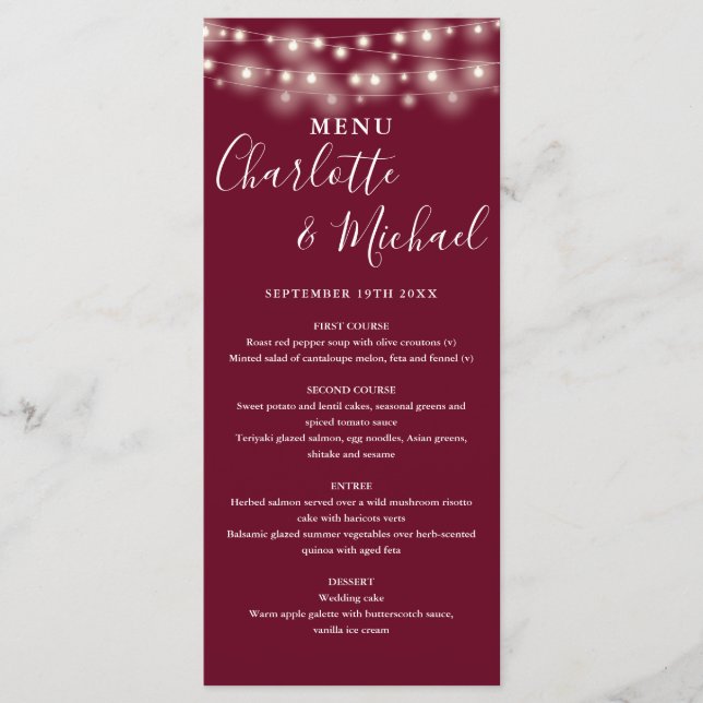 Burgundy String Lights Signature Wedding Menu (Front)