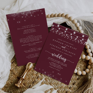 Burgundy String Lights Stars Front & Back Wedding Invitation