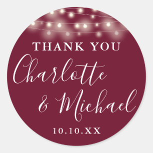 Burgundy String Lights Wedding Favour Thank You  Classic Round Sticker