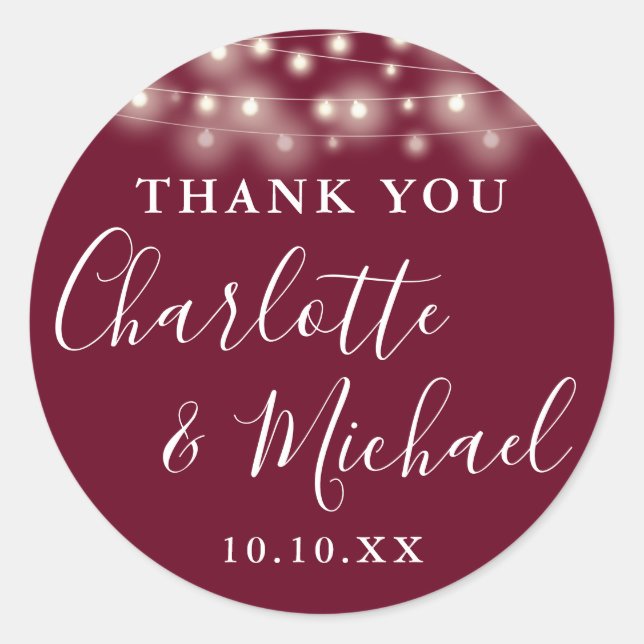 Burgundy String Lights Wedding Favour Thank You  Classic Round Sticker (Front)