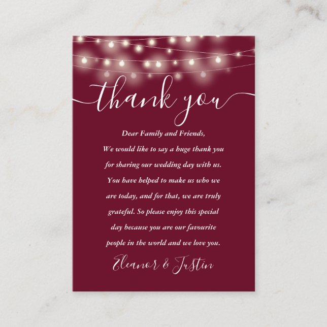 Burgundy String Lights Wedding Thank You Place  Card (Front)