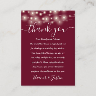 Burgundy String Lights Wedding Thank You Place Card