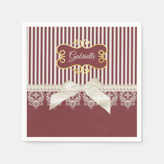 Burgundy Stripe Lace Name Napkin (Front)