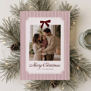 Burgundy Stripe Velvet Bow Christmas Photo Card