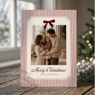 Burgundy Stripe Velvet Bow Christmas Photo Card