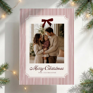Burgundy Stripe Velvet Bow Christmas Photo Card