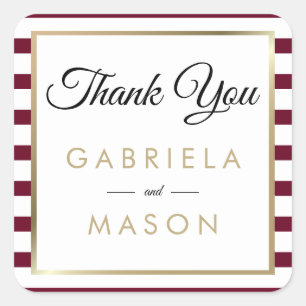 Burgundy Stripe Wedding   Faux Gold Foil Thank You Square Sticker