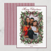 Burgundy Stripe Wreath Garland Bow Photo Christmas