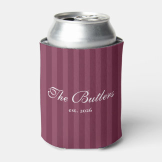 Burgundy Striped Last Name Can Cooler