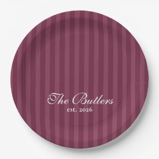 Burgundy Striped Last Name Paper Plates