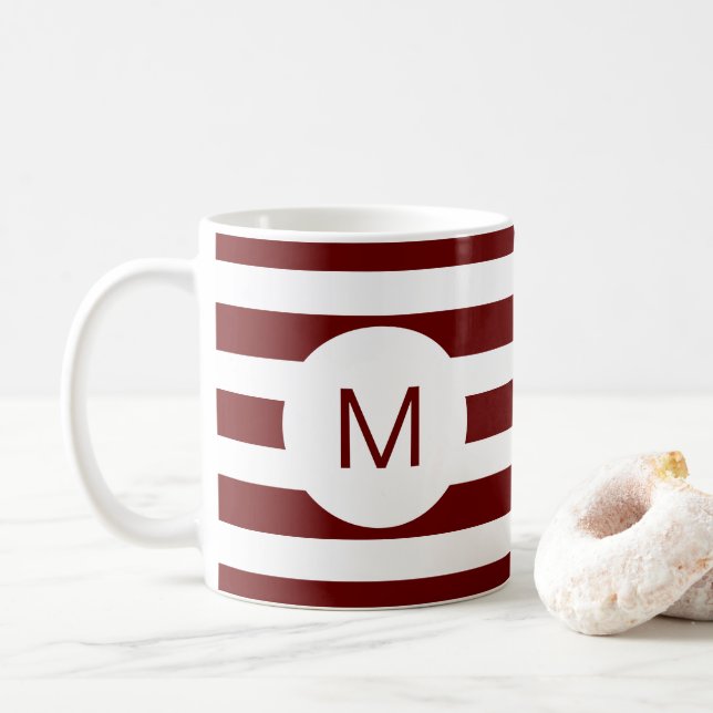 Burgundy Striped (or Custom Colour) Monogram Coffee Mug (With Donut)
