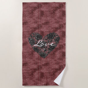 Burgundy Stripes Black Faux Lace Floral Heart Beach Towel