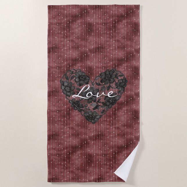 Burgundy Stripes Black Faux Lace Floral Heart  Beach Towel (Front)