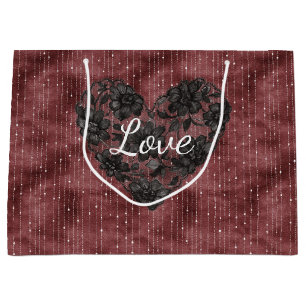 Burgundy Stripes Black Faux Lace Floral Heart Large Gift Bag