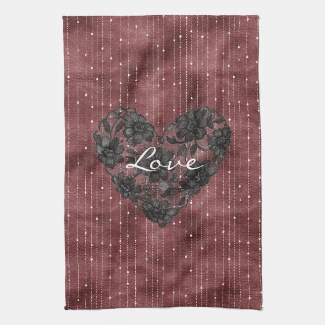 Burgundy Stripes Black Faux Lace Floral Heart  Tea Towel (Vertical)