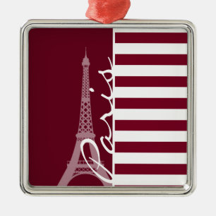 Burgundy Stripes; Eiffel Tower Metal Tree Decoration