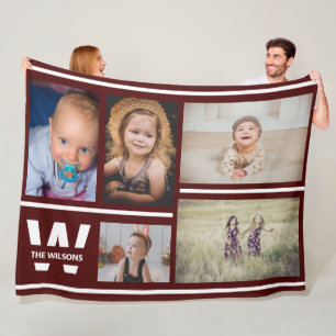 Burgundy Stripes Multiple Photos Custom Monogram Fleece Blanket
