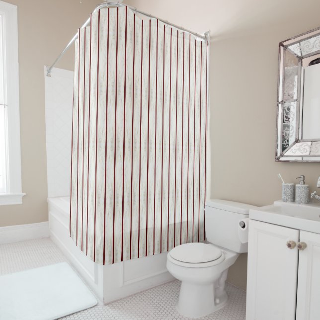 Burgundy Stripes with Beige Background Shower Curtain (In Situ)