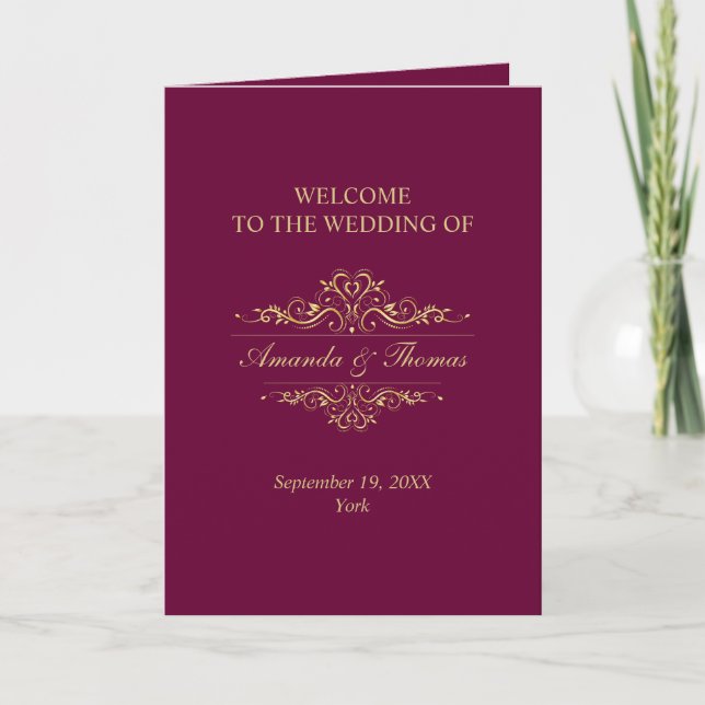 Burgundy stylish gold frame wedding programme  (Front)