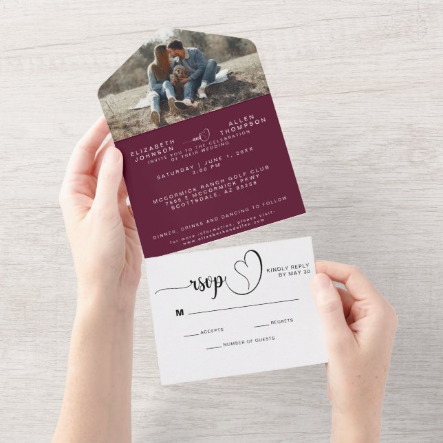 Burgundy Stylish Modern Wedding Photo Custom RSVP All In One Invitation (Tearaway)