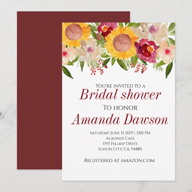 Burgundy sunflowe floral bridal shower invitation (Front/Back)