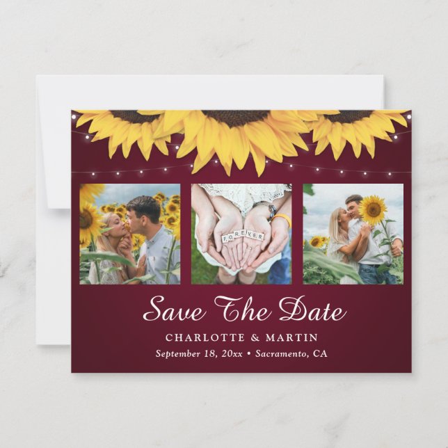 Burgundy Sunflower 3 Photo Save The Date Cards (Front)