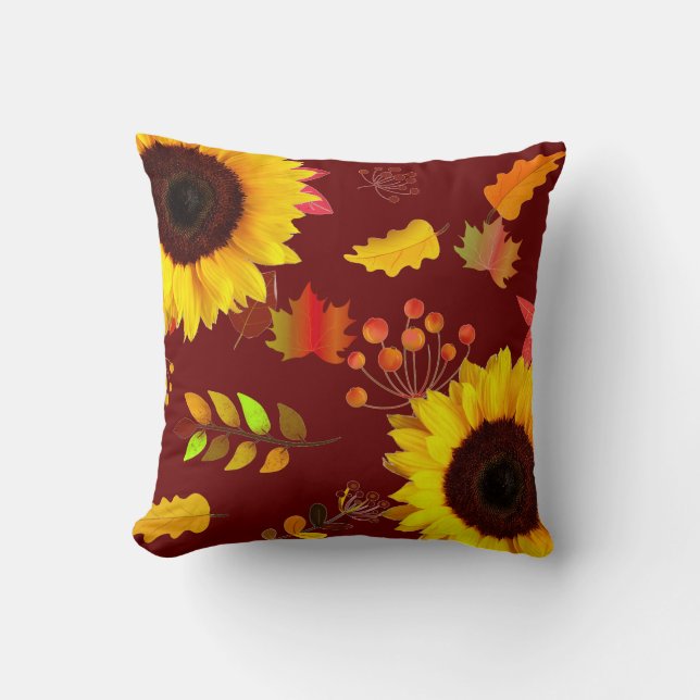 Burgundy Sunflower Autumn Leaves Throw Pillow (Front)