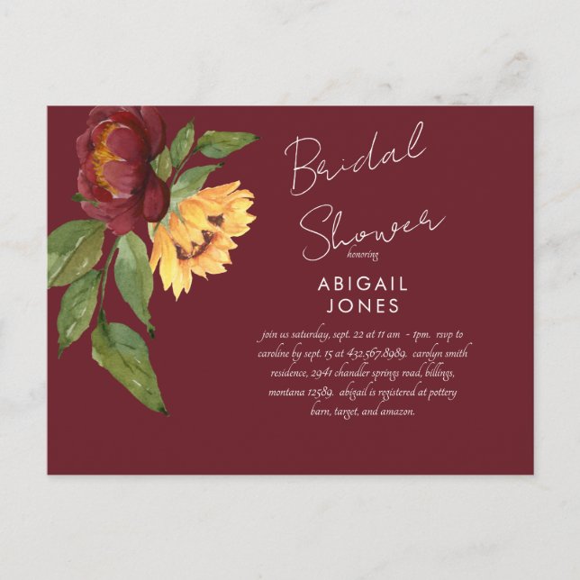 Burgundy Sunflower Bridal Shower Invitation  Postcard (Front)