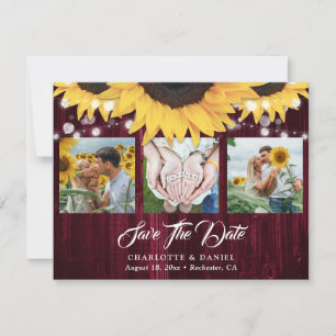 Burgundy Sunflower Floral Lace 3 Photo Wedding Save The Date