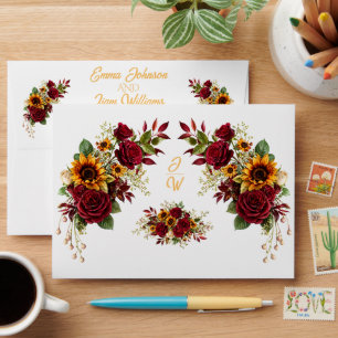 Burgundy Sunflower Floral Wedding Envelope