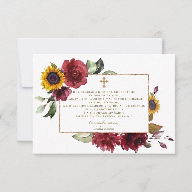 Burgundy Sunflower Gracias Con Oración Bautizo Thank You Card (Front)