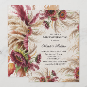 Burgundy Sunflower & Pampas Grass Wedding Invitation